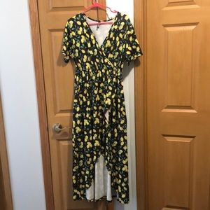 Short sleeve lemon high low dress stretch waistline 1X